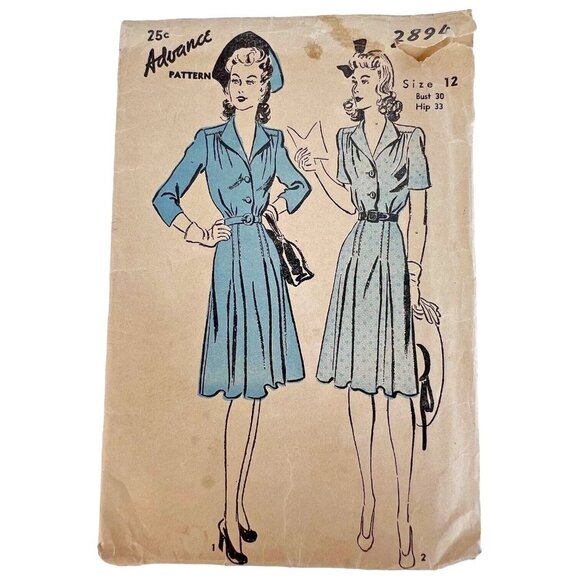 40s Advance Sewing Pattern 2894 Shirtwaist Dress Size 12 Bust 30" Bust Unprinted - Picture 2 of 7